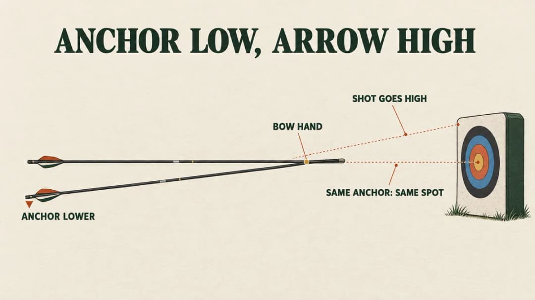 Why the anchor moves your arrow: the same anchor sends it to the same spot; an anchor that drops lower tips the point up and the shot goes high.