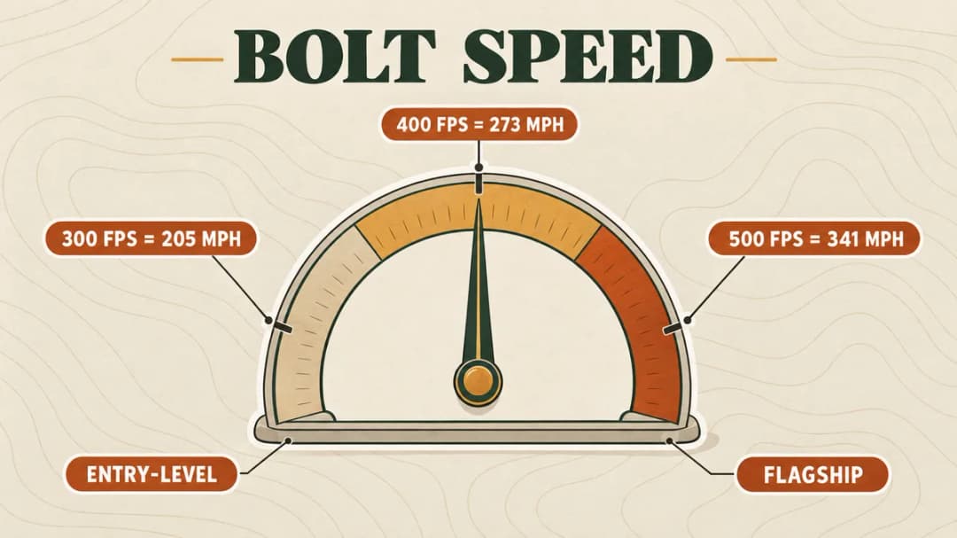 Crossbow bolt speed scale: 300 fps (205 mph) for entry-level crossbows, 400 fps (273 mph), up to 500 fps (341 mph) for flagships.