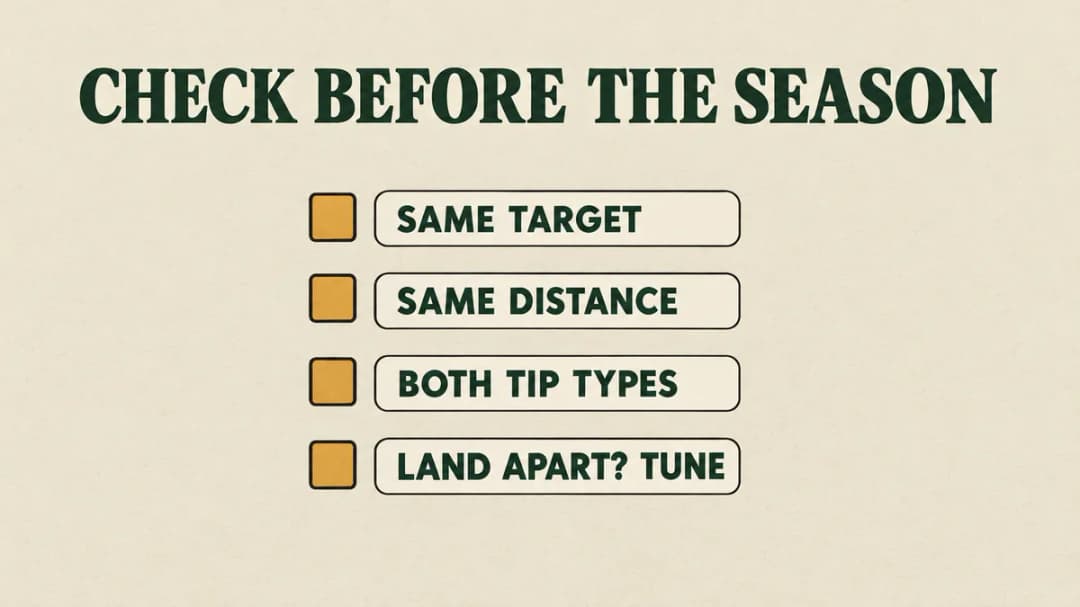 Before the season: same target, same distance, both tip types; if they land apart, tune.