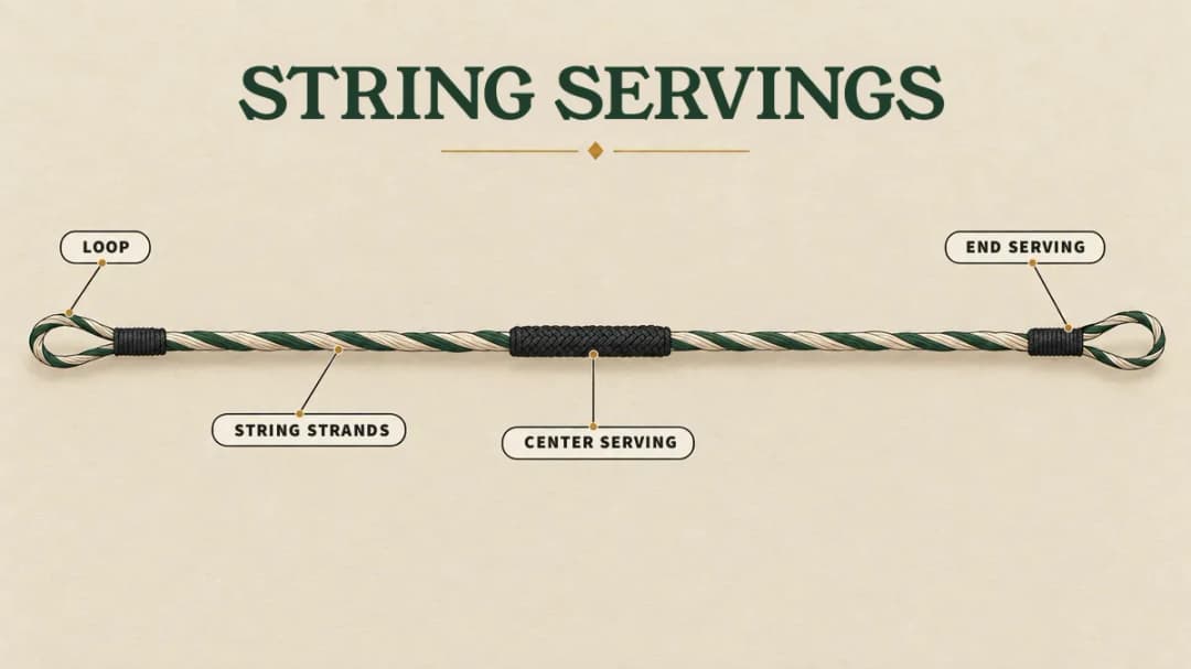 Crossbow string construction: a loop and end serving at each end, bare twisted strands, and the center serving in the middle.