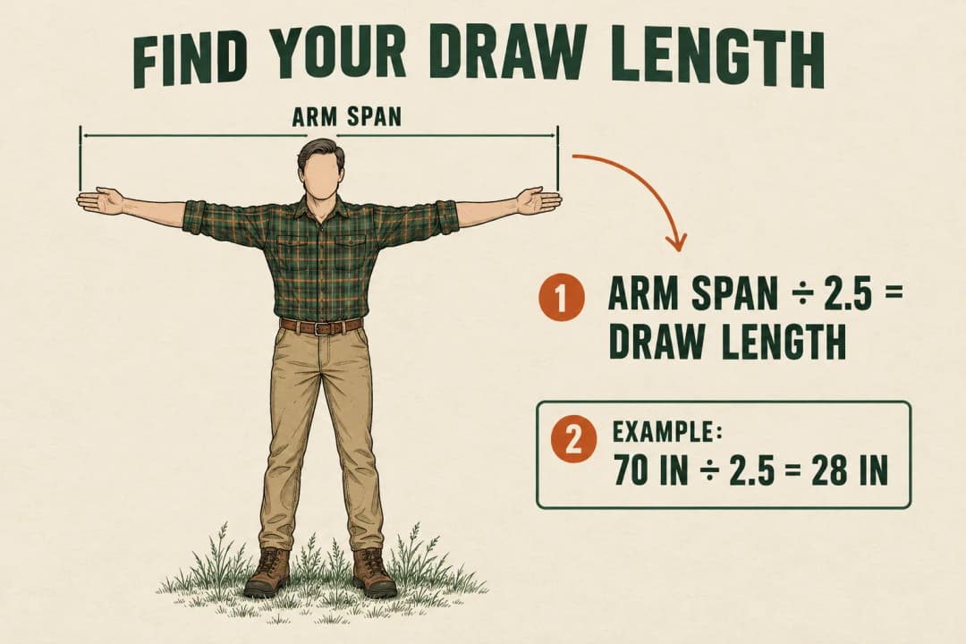 Find your draw length: arms out in a T, measure arm span, divide by 2.5; example 70 in ÷ 2.5 = 28 in.