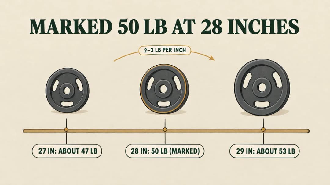 A recurve marked 50 lb at 28 inches pulls about 47 lb at a 27-inch draw and about 53 lb at 29 inches: roughly 2–3 lb per inch.