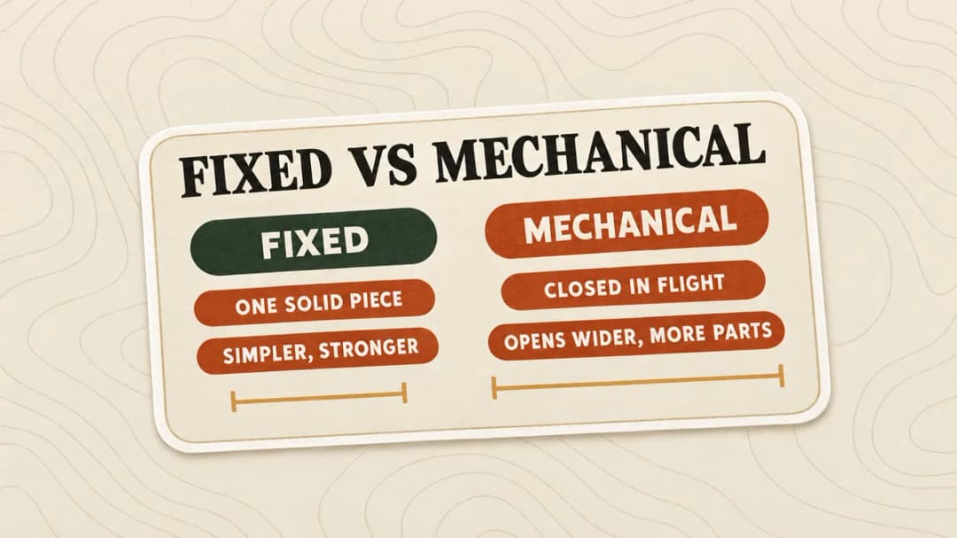Fixed vs mechanical heads: a fixed head is one solid piece, simpler and stronger; a mechanical flies closed and opens wider, with more parts.