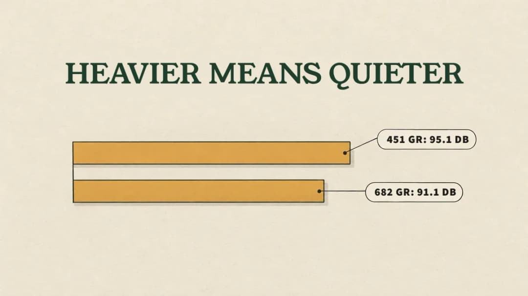 Heavier means quieter: 95.1 dB with a 451-grain bolt vs 91.1 dB with a 682-grain bolt from the same bow.
