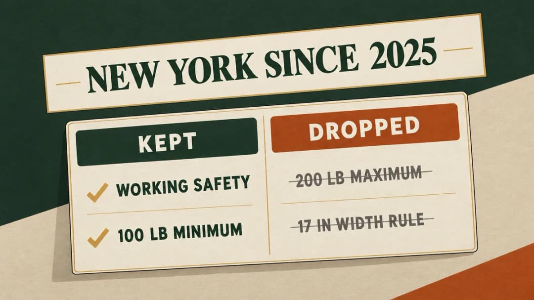 New York since 2025: a working safety and the 100 lb minimum are kept; the 200 lb maximum and 17-inch width rule are dropped.