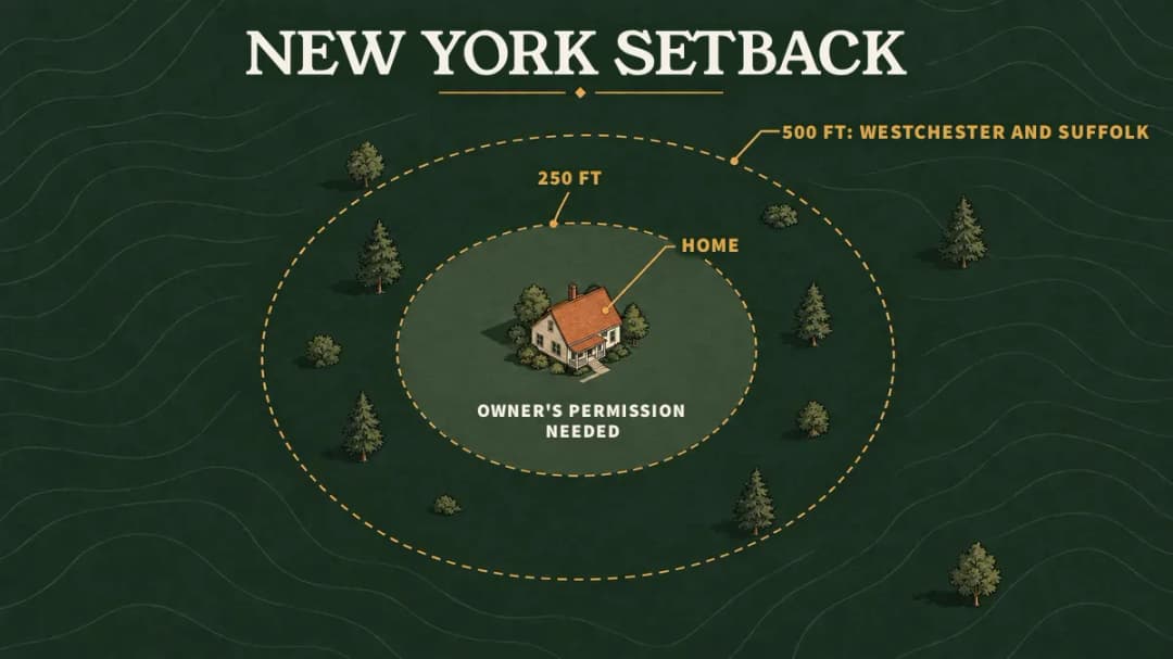 New York crossbow setback: no crossbow use within 250 feet of a home or listed building without permission, 500 feet in Westchester and Suffolk counties.