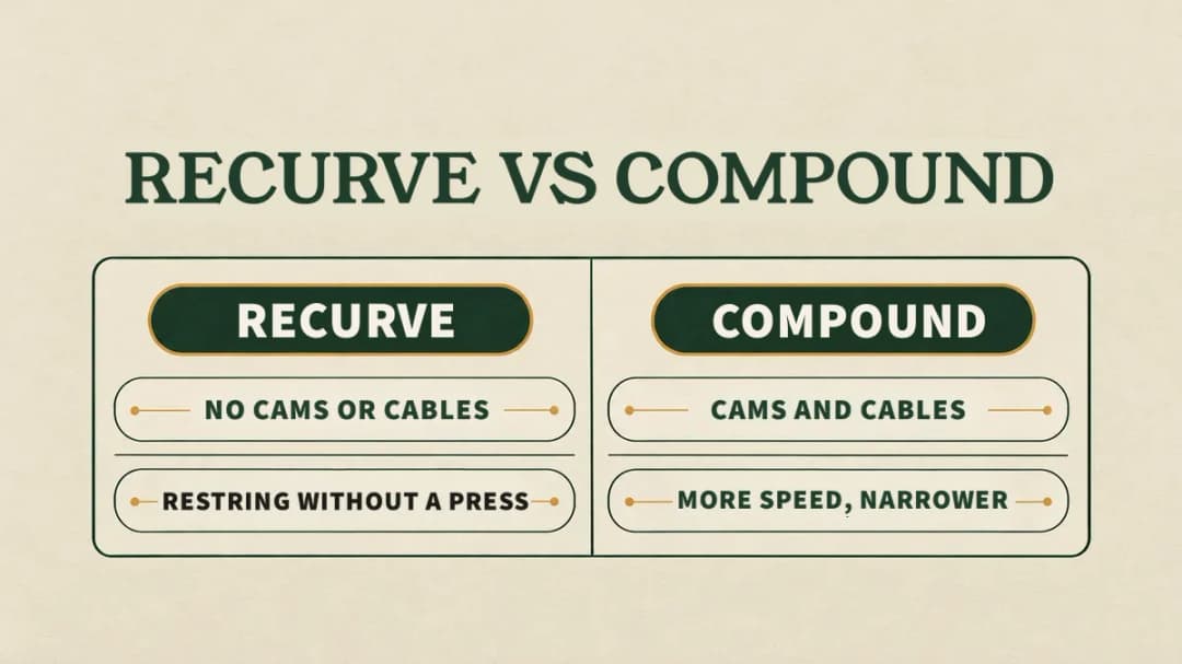 Recurve vs compound: no cams or cables and restringing without a press, vs cams and cables for more speed in a narrower build.
