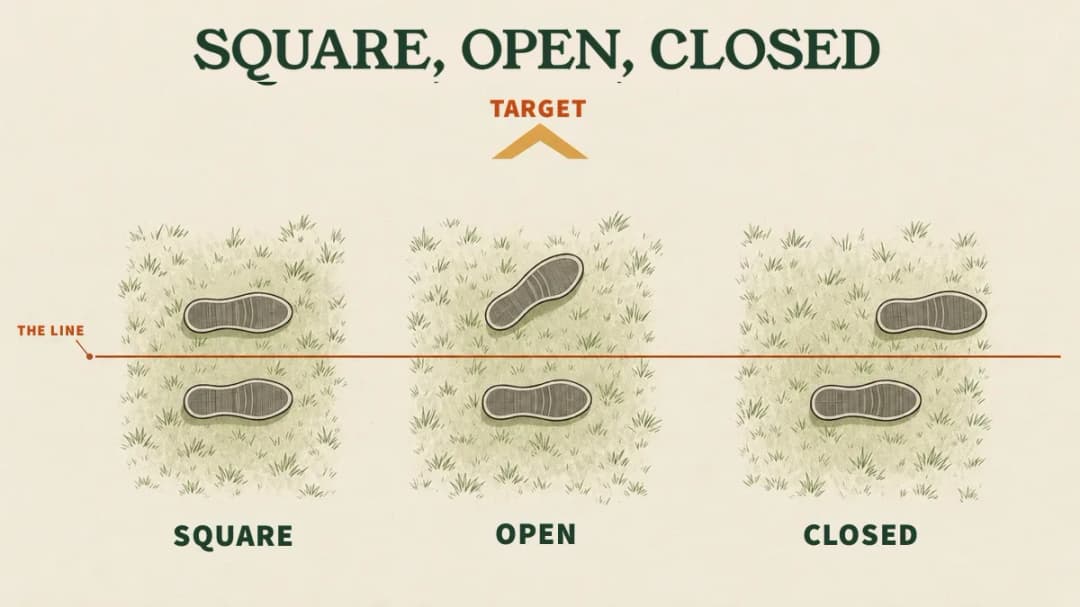 Square, open and closed archery stances seen from above: two footprints straddle the line, the front one even, pulled back and turned, or ahead.