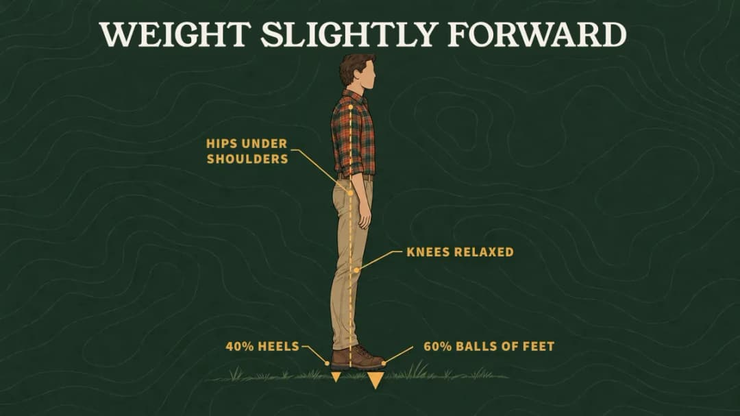Archery stance from the side: hips under shoulders, knees relaxed, about 60% of the weight on the balls of the feet and 40% on the heels.
