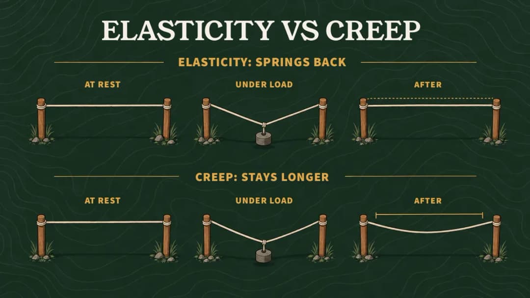 Elasticity vs creep: an elastic cord returns to its length after a load; a creeping cord stays a little longer.