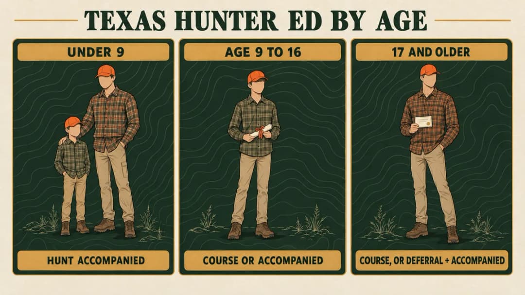 Texas hunter education by age: under 9 hunt accompanied; 9 to 16 take the course or hunt accompanied; 17+ the course, or a deferral and accompanied.