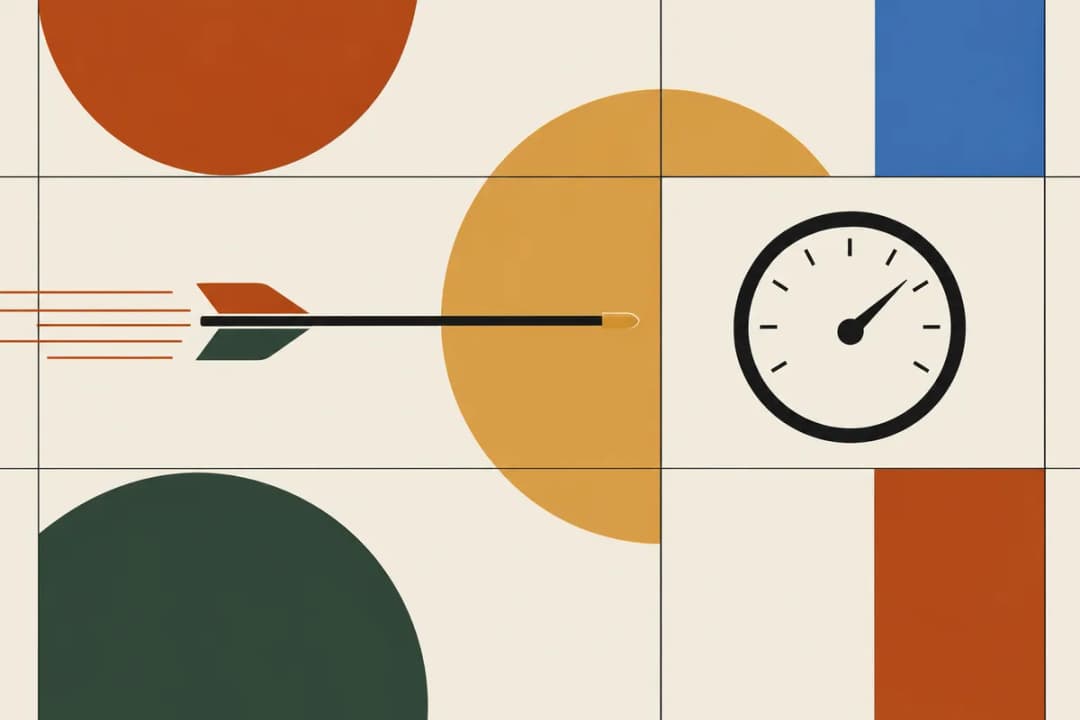 Poster of a bolt flying left to right with motion lines beside a speed dial, on a grid with bold circles.