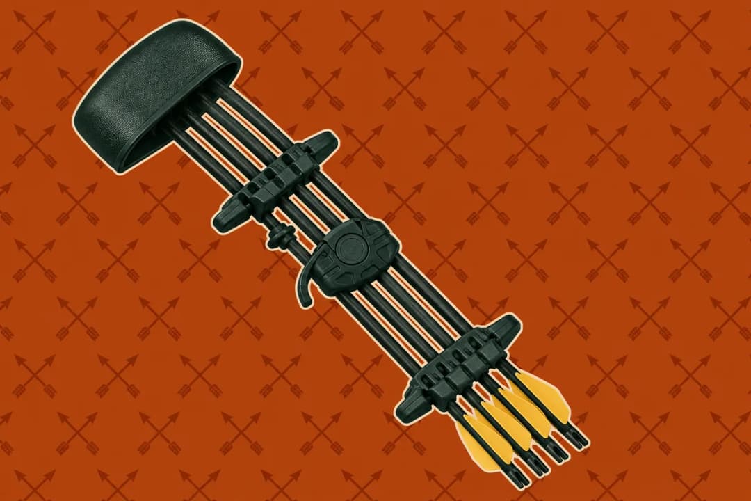 A black quiver on a diagonal holding four carbon bolts, tips hidden under a closed hood and yellow vanes below, on a rust crossed-arrow wallpaper