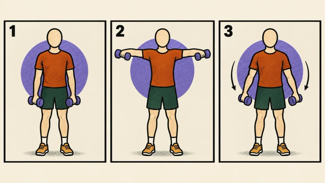 Three-panel comic: a faceless figure standing with light dumbbells at the sides, raising them to shoulder height, then lowering them slowly