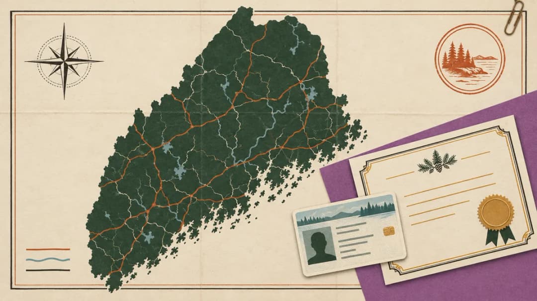 An archery license card and a course certificate with a gold seal, on the Maine map.