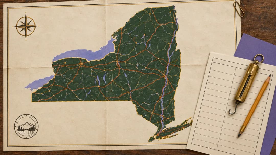 A spec sheet and brass spring scale with a pencil, on a corner of the New York map.