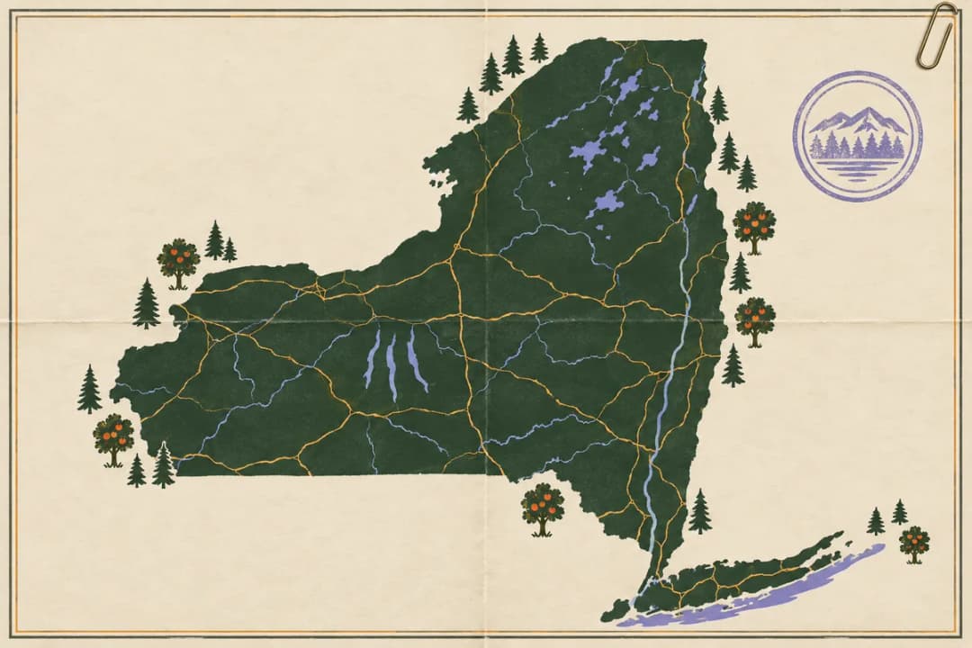 Hand-tinted map of New York with fold creases, a paper clip, a stamp and local landmarks, for its crossbow rules.