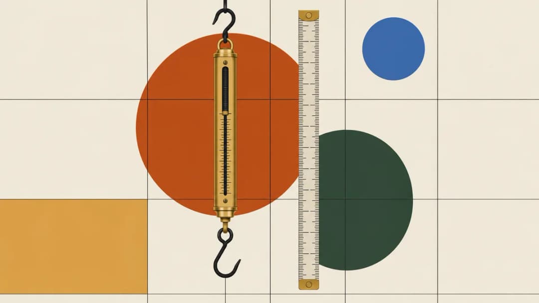 A brass spring scale and a measuring ruler shown as specimens on a grid with bold circles.