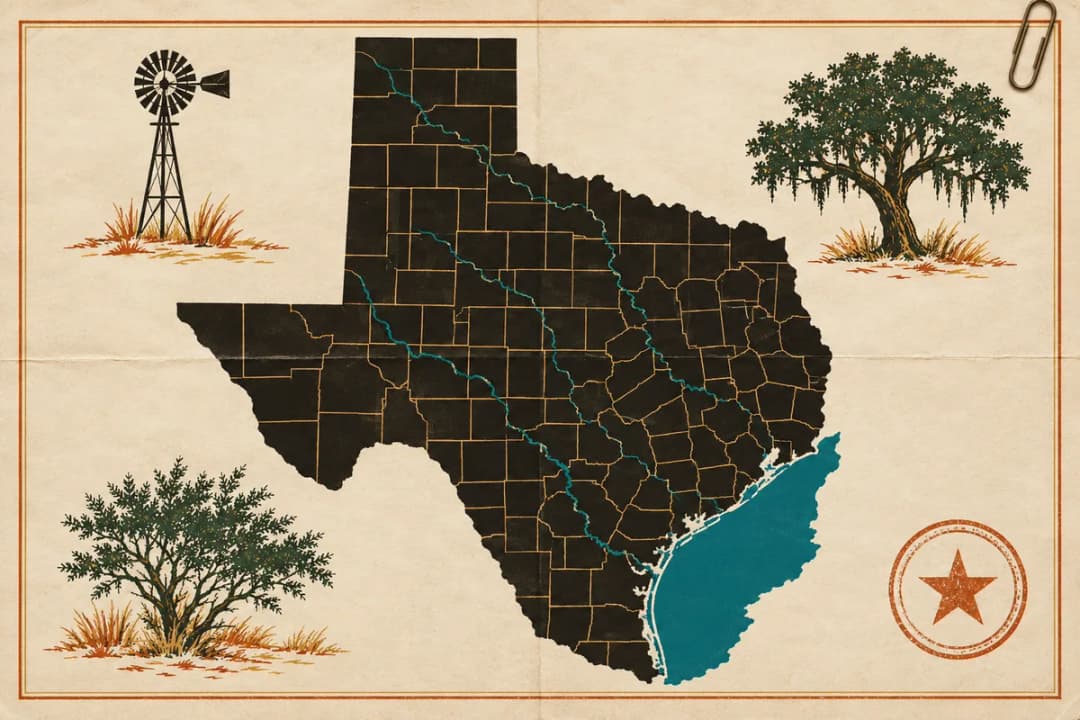 Hand-tinted map of Texas with fold creases, a paper clip, a stamp and local landmarks, for its crossbow rules.