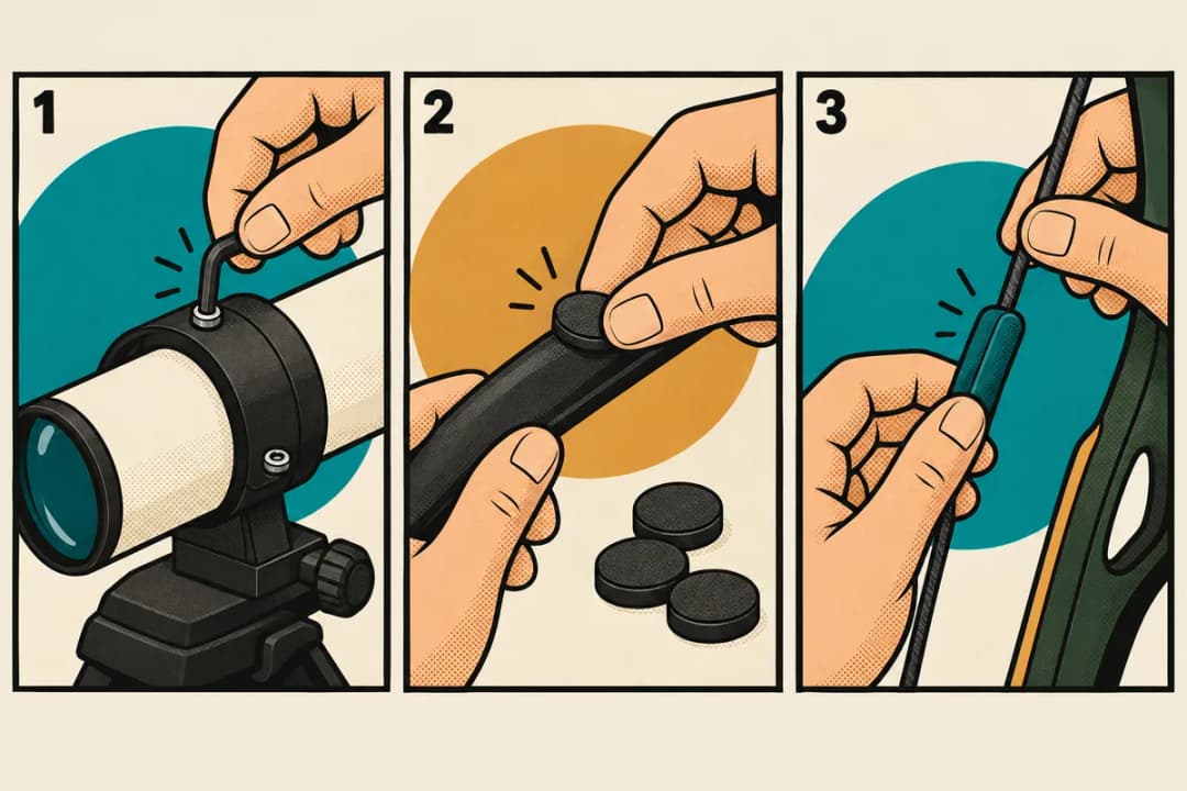 Three-panel comic: a hex key tightening a scope ring screw, rubber dampeners pressed onto a limb, and a rubber pad fitted to the string