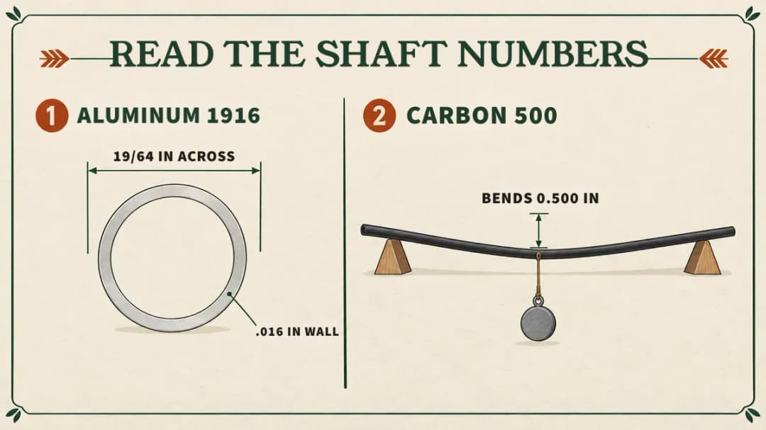 Aluminum's four digits are diameter and wall; carbon's three digits are how far the shaft bends Reading shaft numbers: aluminum 1916 means 19/64 inch across with a .016 inch wall; carbon 500 means the shaft bends 0.500 inch in the spine test.