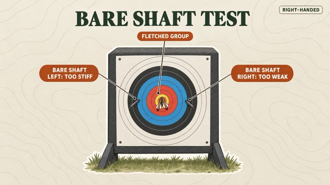 Where a bare shaft lands beside the fletched group tells a right-handed archer whether the spine is too stiff or too weak Bare-shaft test for a right-handed archer: a bare shaft left of the fletched group means too stiff, right of it means too weak.