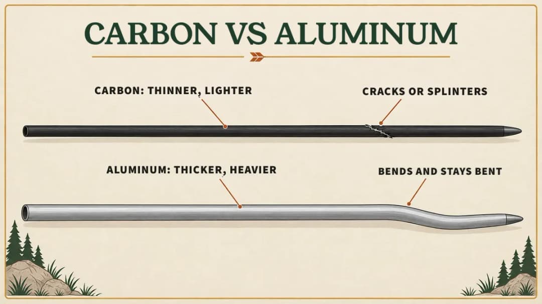 Carbon arrows are thinner and lighter and crack when they fail; aluminum arrows are thicker and bend and stay bent Carbon vs aluminum arrows: carbon is thinner and lighter and cracks or splinters; aluminum is thicker and heavier and bends and stays bent.