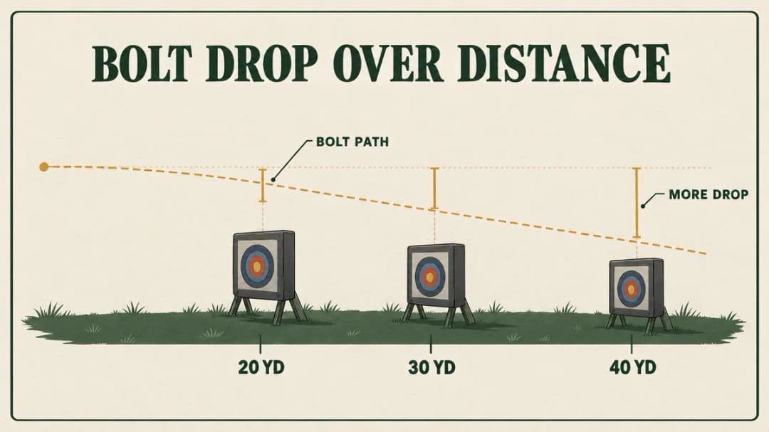 A bolt drops more the farther it flies, which is why crossbow scopes stack reference points for 20, 30 and 40 yards Bolt drop: the bolt's path falls further below a level line at 20, 30 and 40 yards, the reason a crossbow scope has stacked aiming points.