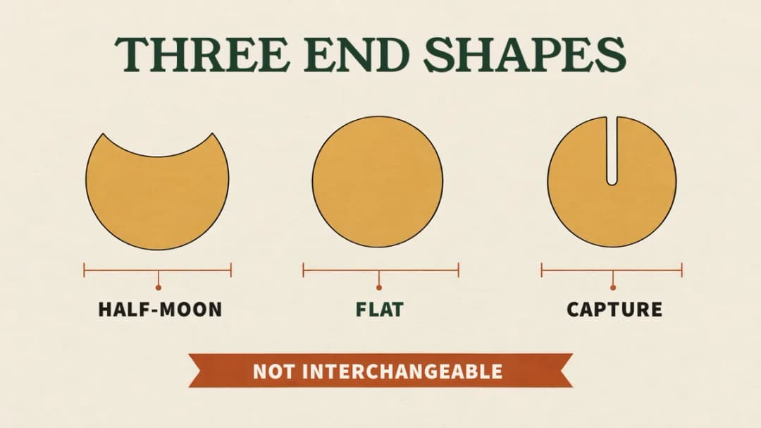 Half-moon, flat and capture nocks are different shapes and are not interchangeable: use the one your manual lists Three end styles: half-moon, flat and capture. They are not interchangeable: use the one your manual names.