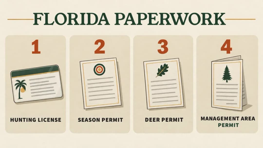 Before a Florida crossbow hunt, buy a hunting license, a crossbow season permit, a deer permit for deer and a management area permit for a WMA Florida crossbow paperwork: a hunting license, a crossbow season permit, a deer permit and a management area permit for WMAs.