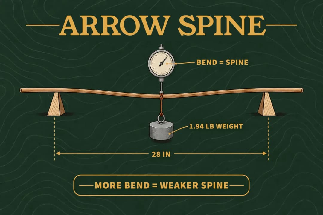 Spine is how stiff an arrow shaft is: how far it bends under a set weight hung from its middle Arrow spine: an arrow shaft resting on supports 28 inches apart bends under a 1.94 lb weight hung from its middle; more bend means a weaker spine.