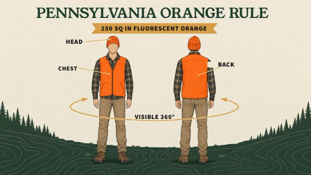 In Pennsylvania's fall firearm season everyone afield, crossbow users included, wears 250 square inches of fluorescent orange on head, chest and back, visible 360 degrees Pennsylvania firearms deer season: 250 square inches of fluorescent orange on the head, chest and back, visible from all sides.