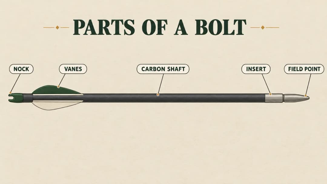 A beginner can name the parts of a crossbow bolt: nock, vanes, carbon shaft, insert and point Parts of a crossbow bolt: the nock, three short vanes, the carbon shaft, the insert and the field point, named on one bolt.