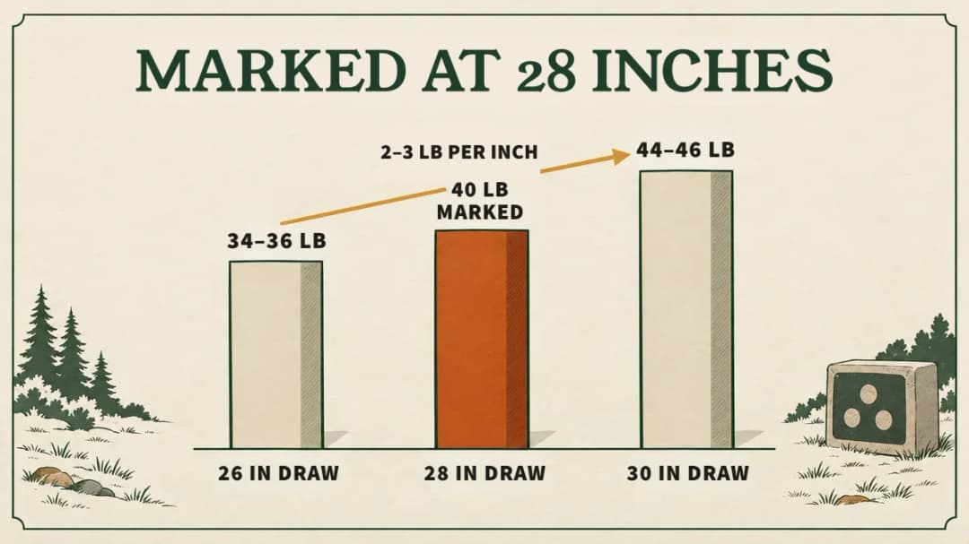 A 40 lb recurve marked at 28 inches pulls about 34–36 lb at a 26-inch draw and about 44–46 lb at 30 inches: 2–3 lb per inch.
