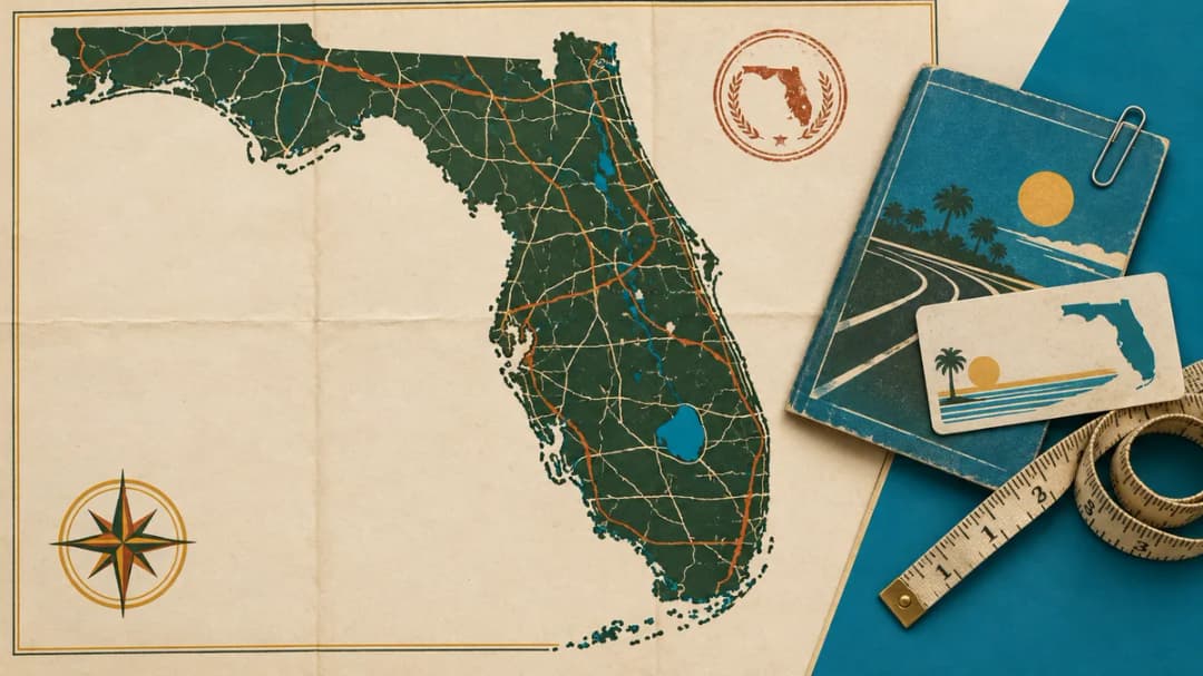 Florida rules paperwork: booklet, license and tape measure A Florida rule booklet, license card and tape measure on a corner of the state map.