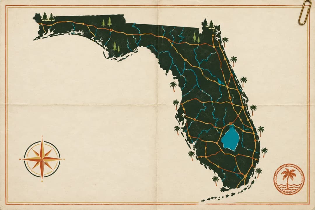 Crossbow laws in Florida Hand-tinted map of Florida with fold creases, a paper clip, a stamp and local landmarks, for its crossbow rules.