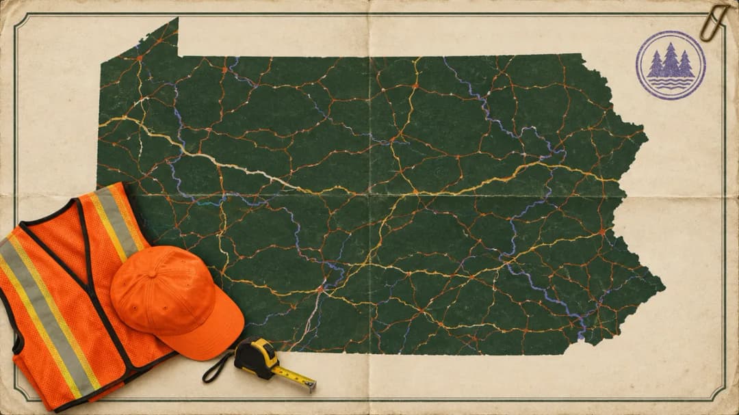 Pennsylvania fluorescent orange rule A fluorescent orange vest and hat beside a tape measure, on the Pennsylvania map.