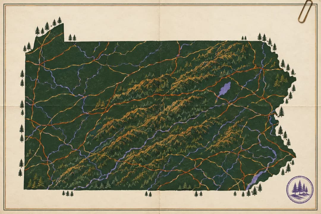 Crossbow laws in Pennsylvania Hand-tinted map of Pennsylvania with fold creases, a paper clip, a stamp and local landmarks, for its crossbow rules.