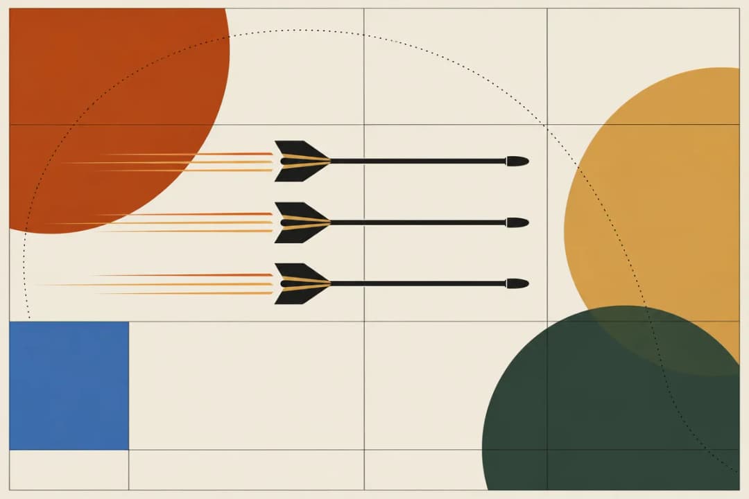 Bolts in flight Three crossbow bolts flying in a level row with motion streaks and a dotted flight arc, on a grid poster with geometric shapes.