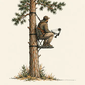 Bowhunter in a tree stand with a safety harness