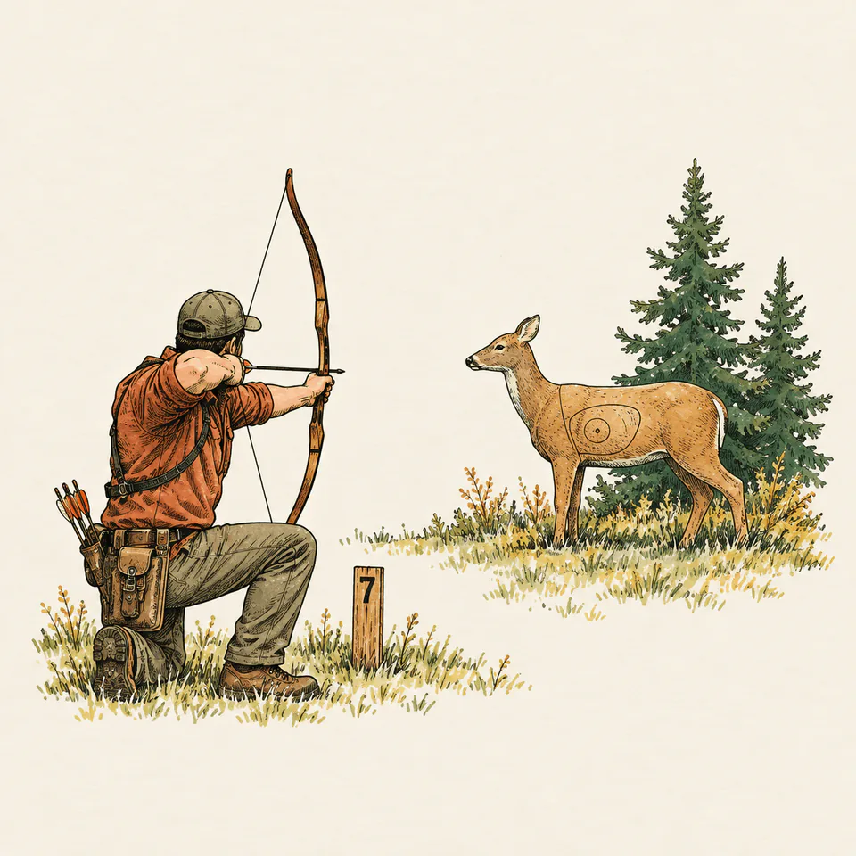 Archer kneeling with a wooden longbow